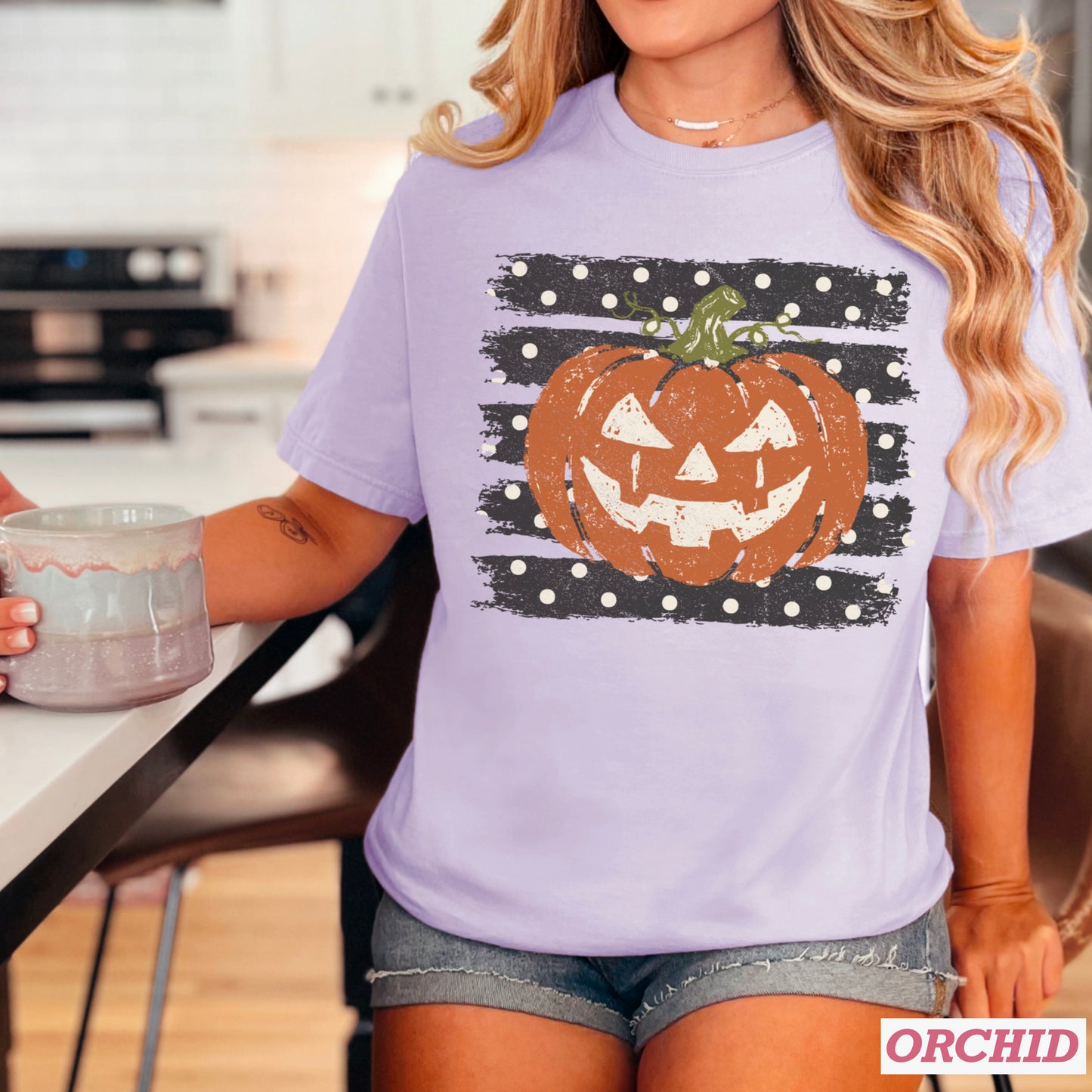 Polka Dot Pumpkin Halloween Comfort Color Graphic Tee