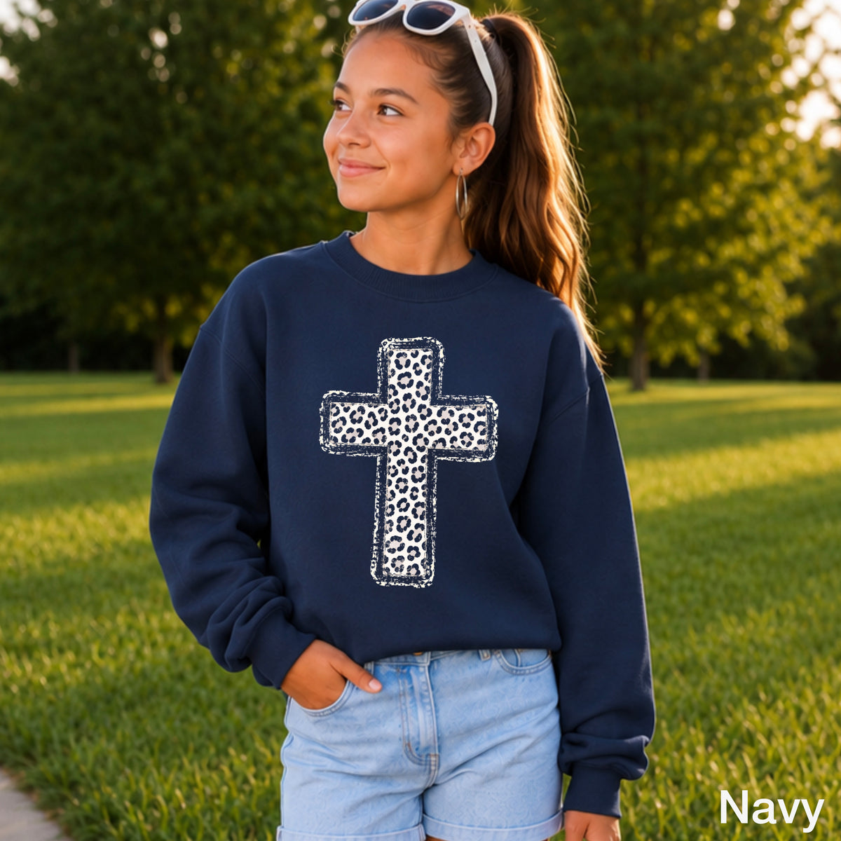 Snow Leopard Cross Christian Youth Crewneck Sweatshirt