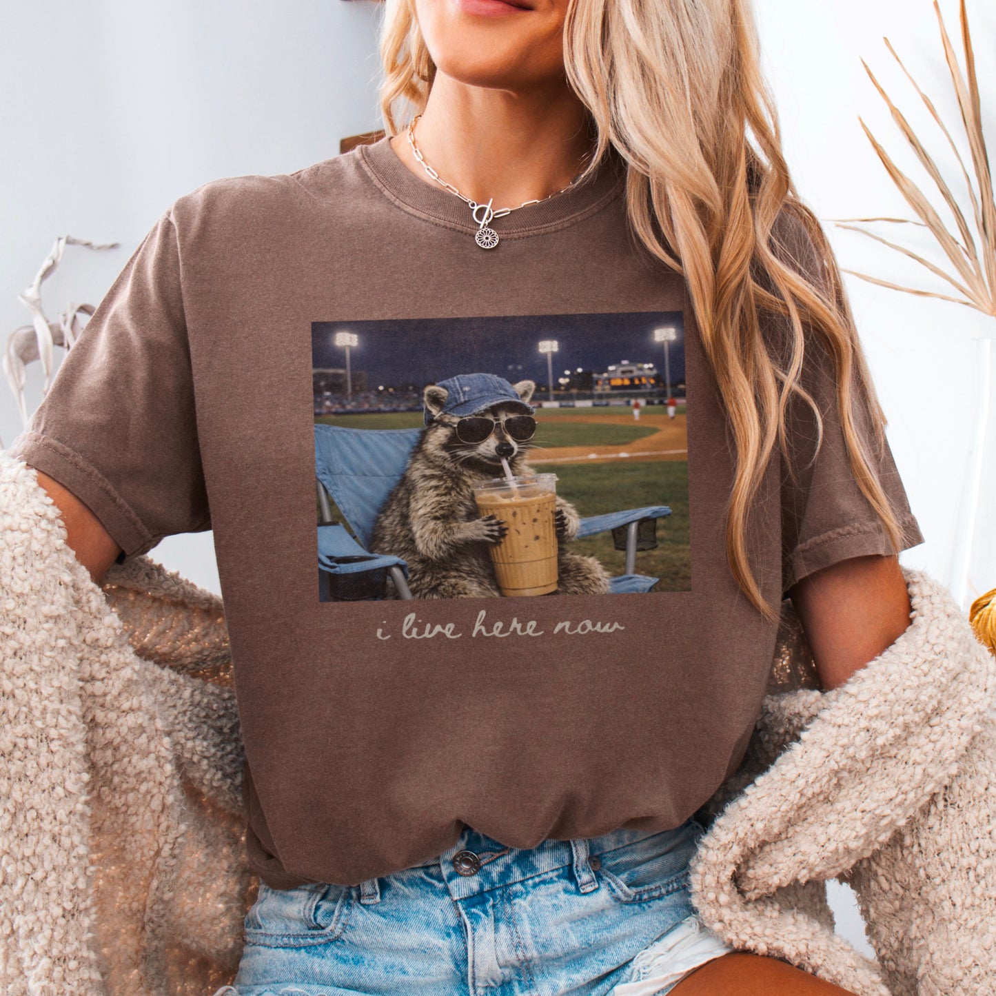 I Live Here Now Raccoon Baseball Comfort Color Graphic Tee
