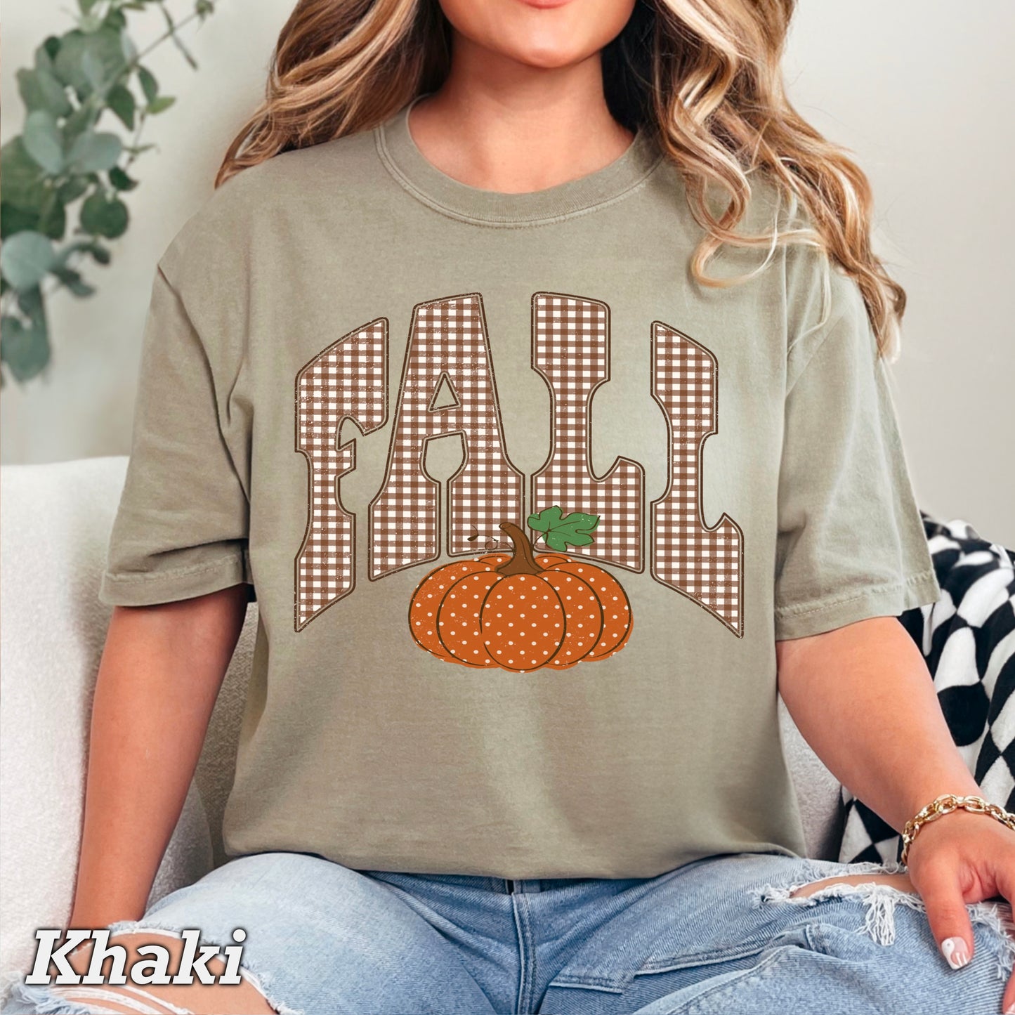Gingham Fall Pumpkin Comfort Color Graphic Tee