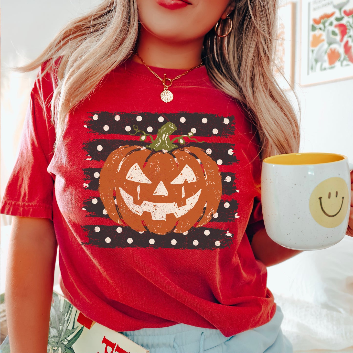 Polka Dot Pumpkin Halloween Comfort Color Graphic Tee