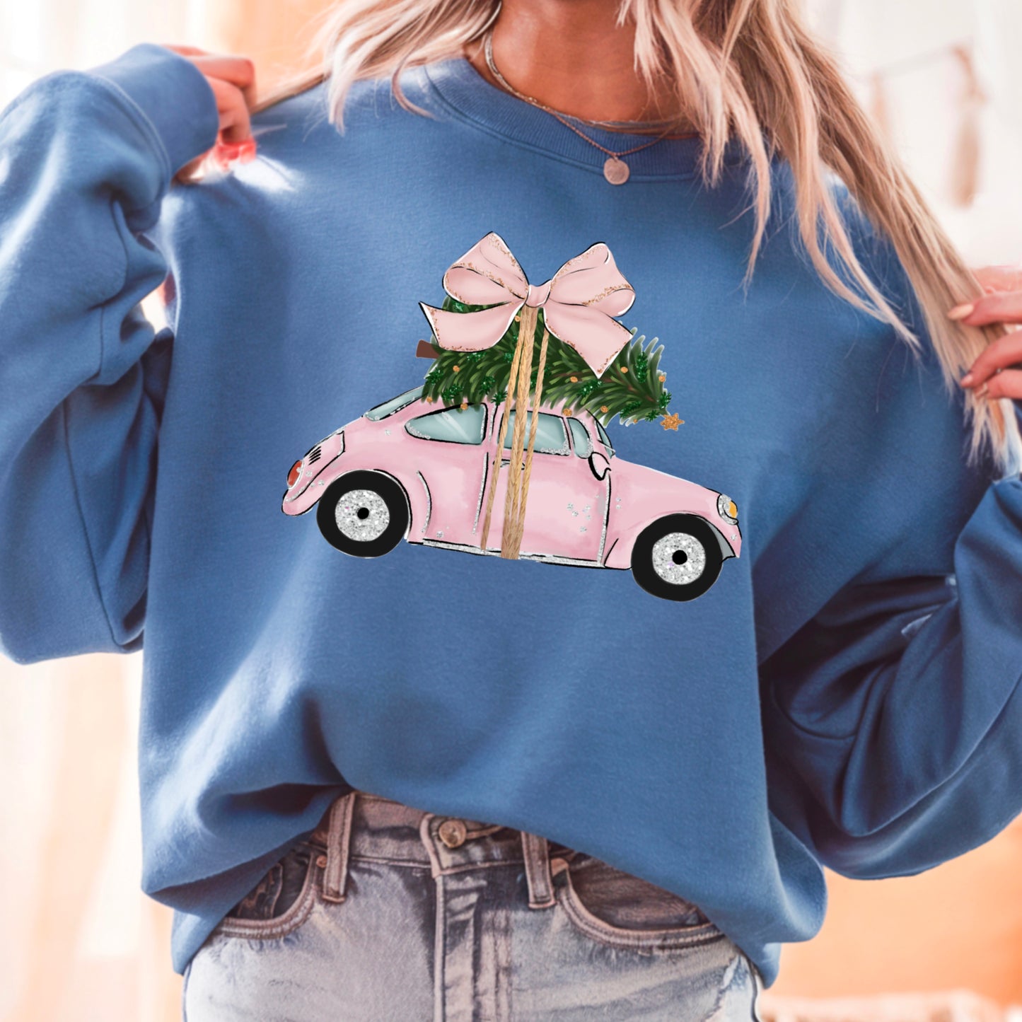 Pink Christmas Car Crewneck Sweatshirt