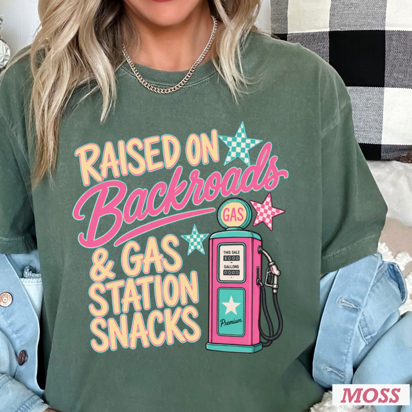 Raised On Backroads & Gas Station Snacks Comfort Color Graphic Tee