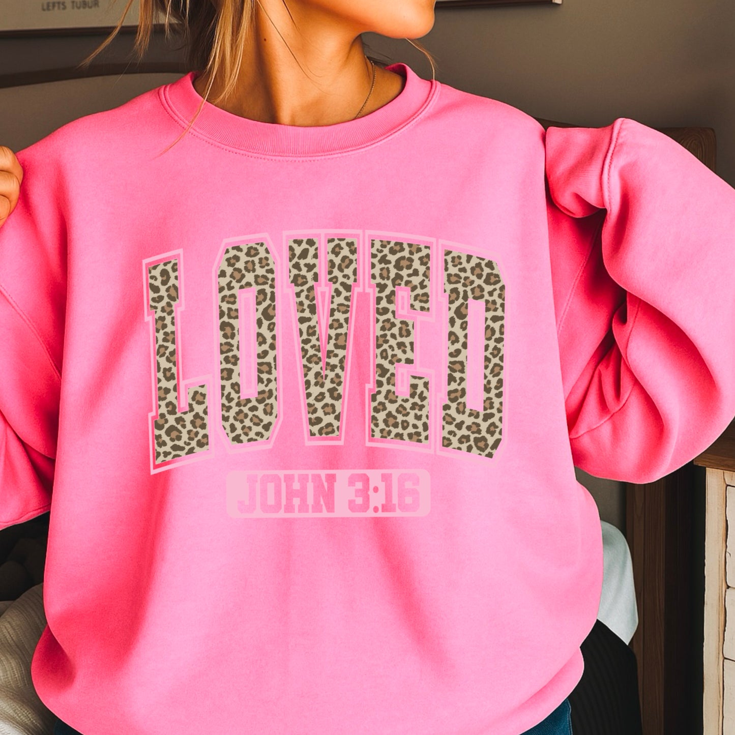 Leopard Loved John 3:16 Valentine’s Day Crewneck Sweatshirt