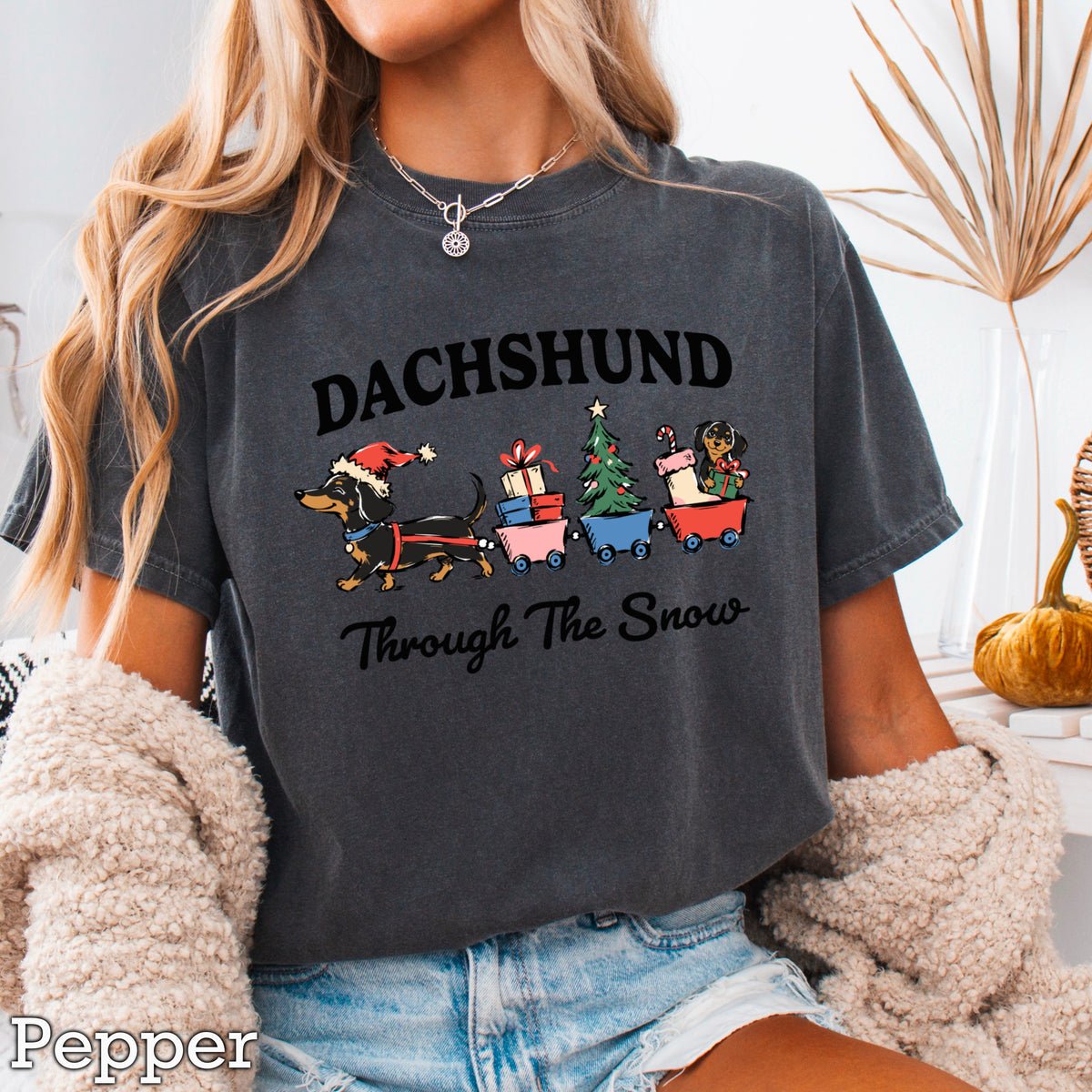 Dachshund Through the Snow Christmas Comfort Color Graphic Tee