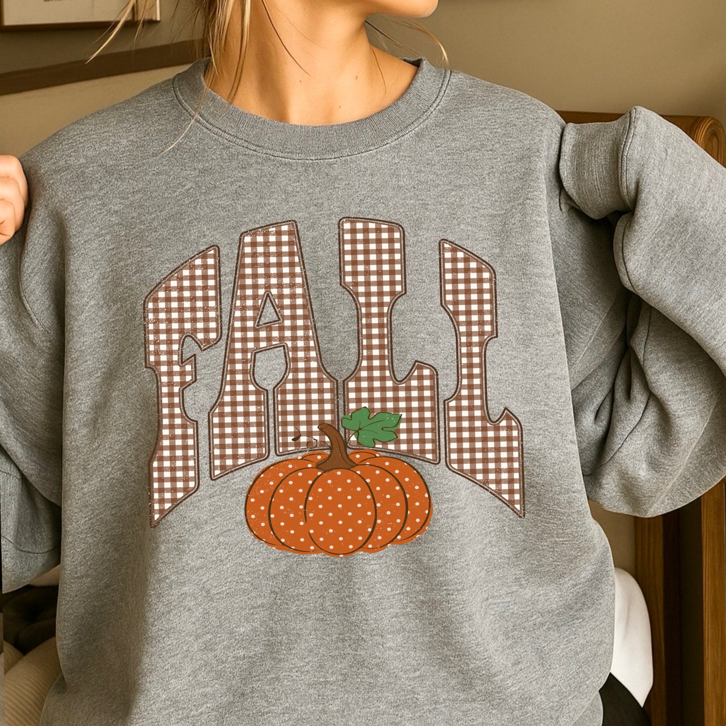 Fall Pumpkin Gingham Crewneck Sweatshirt