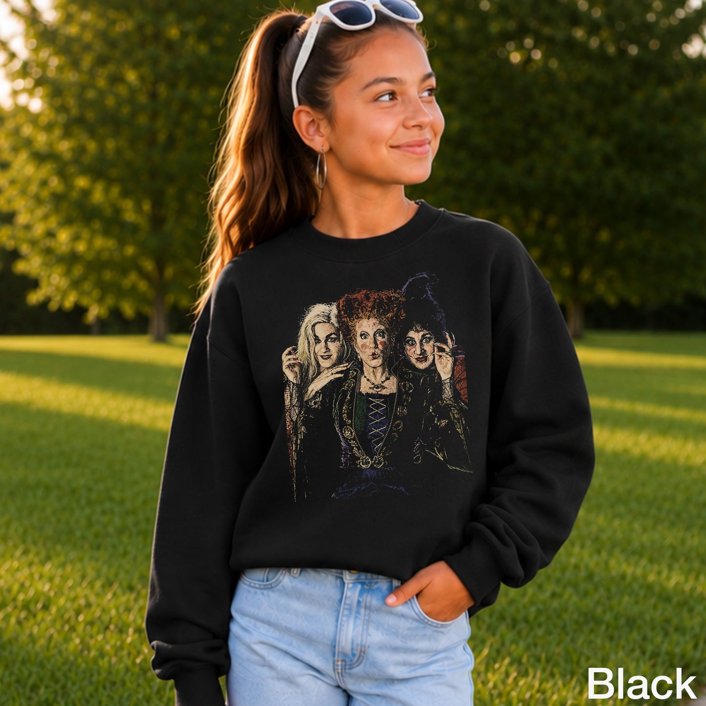 Halloween Sisters Halftone Youth Crewneck Sweatshirt
