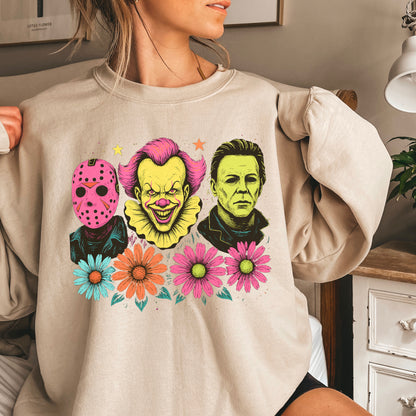 Floral Horror Film Characters Halloween Crewneck Sweatshirt