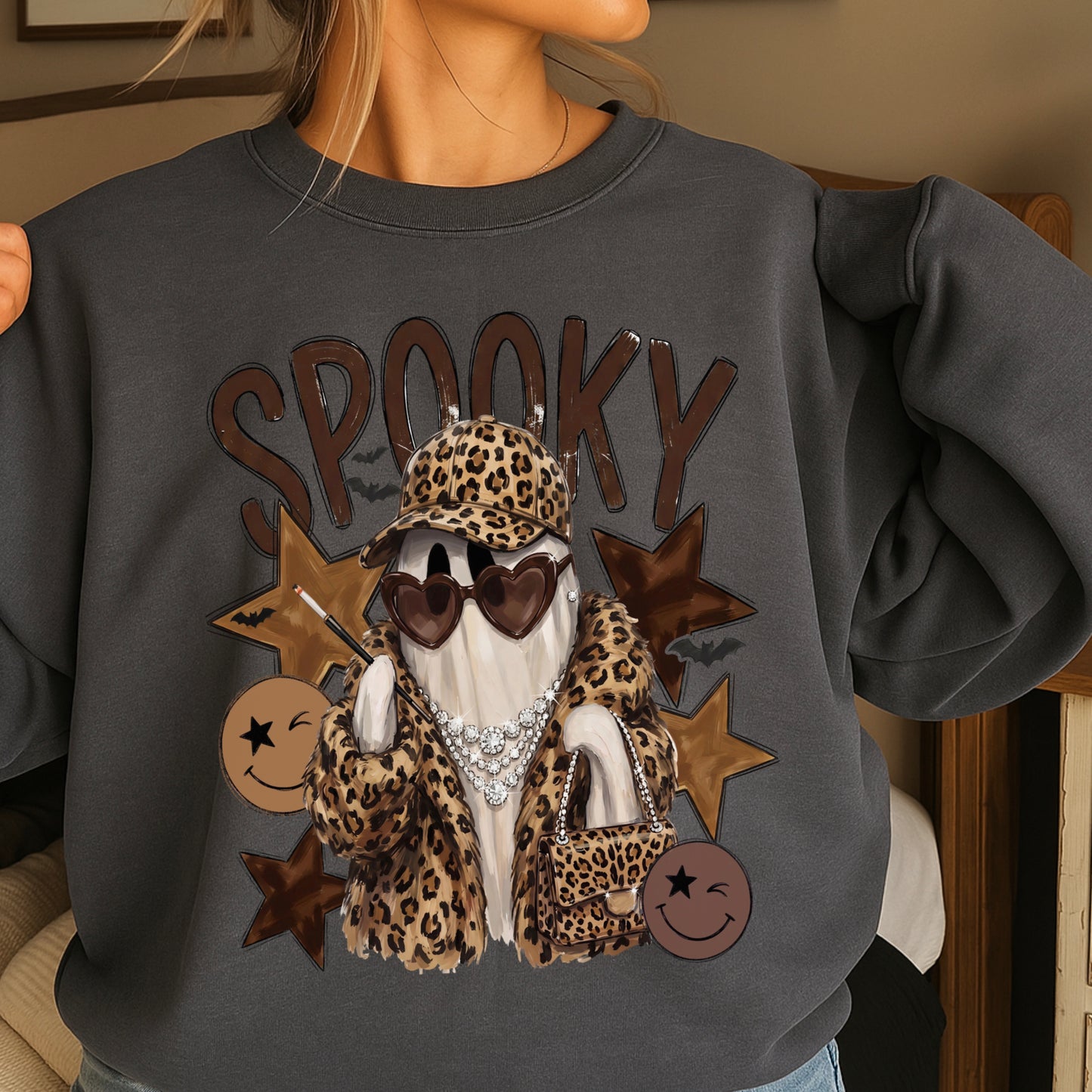 Leopard Spooky Ghost Crewneck Sweatshirt