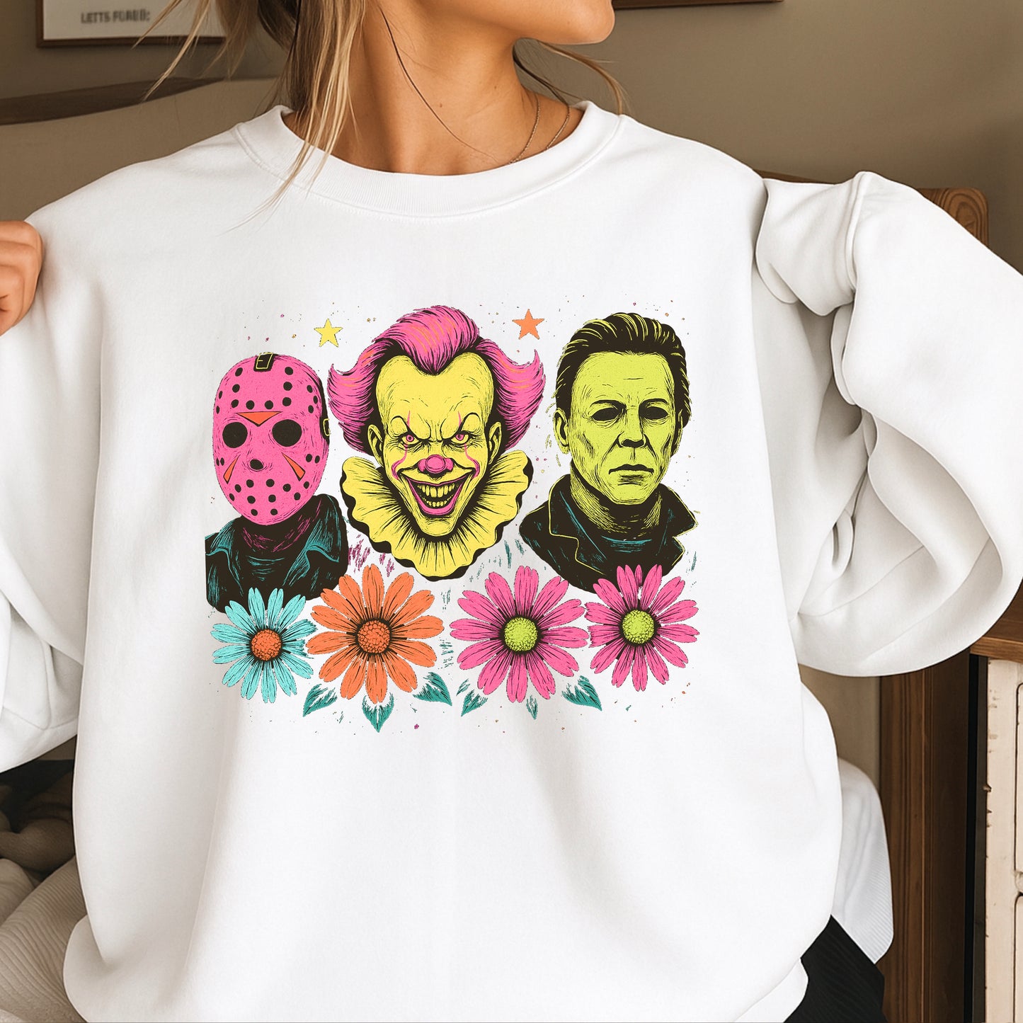 Floral Horror Film Characters Halloween Crewneck Sweatshirt