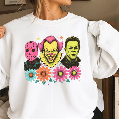 Floral Horror Film Characters Halloween Crewneck Sweatshirt