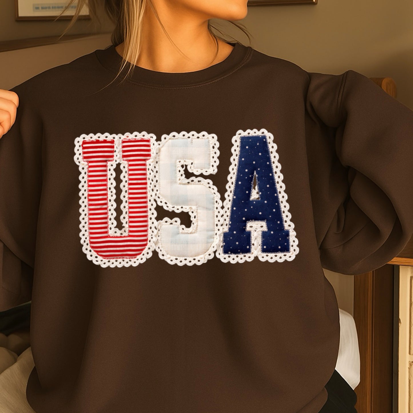 USA Quilted Lace Crewneck Sweatshirt
