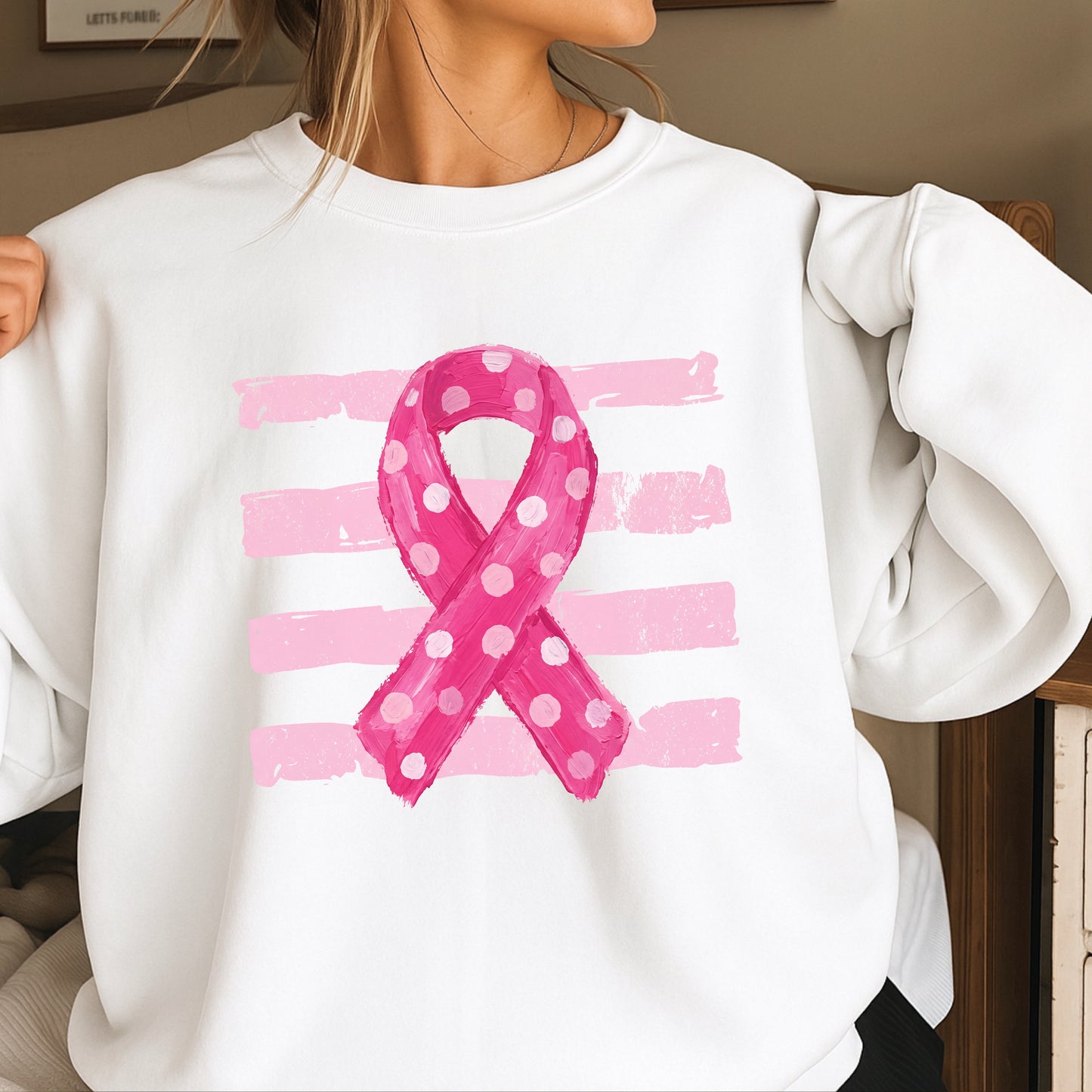 Polka Dot Cancer Awareness Ribbon Crewneck Sweatshirt