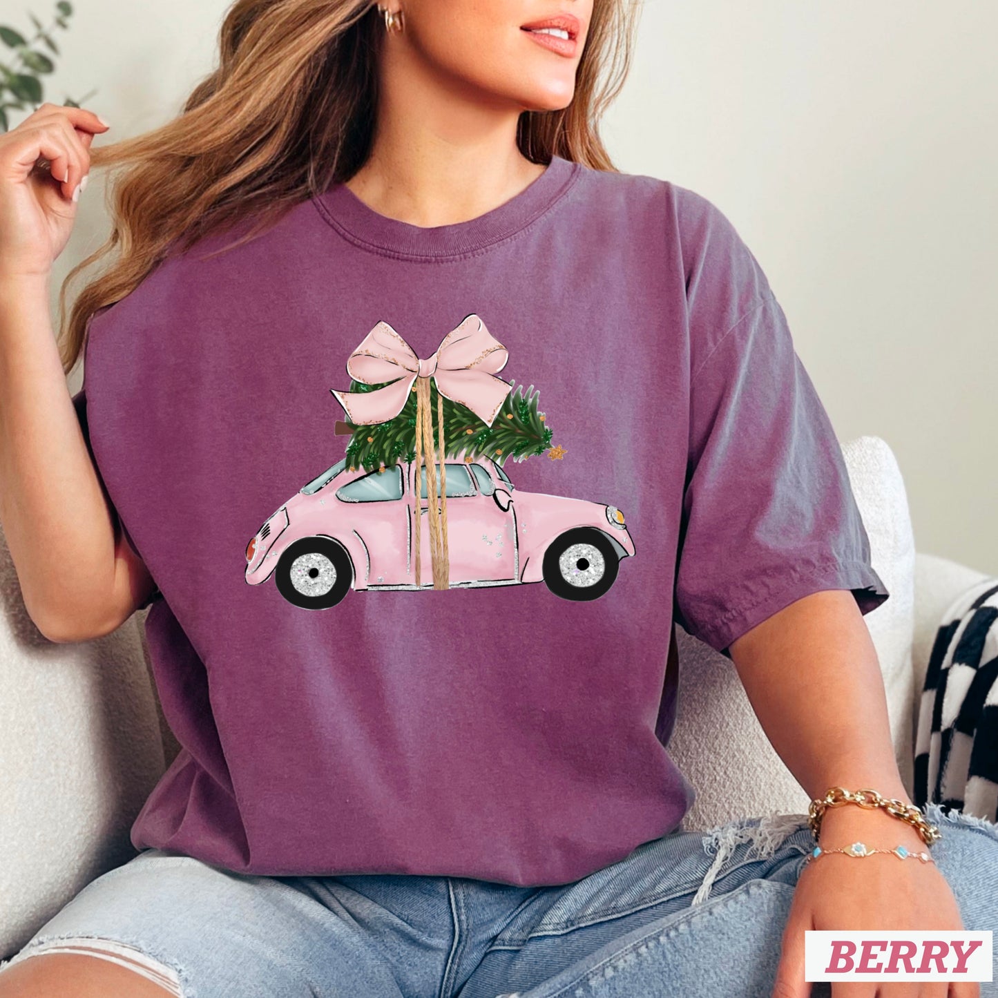 Pink Christmas Car Comfort Color Graphic Tee