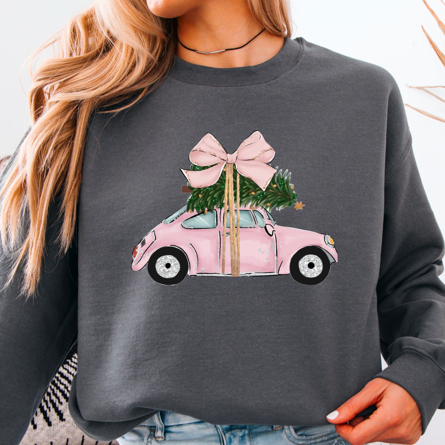 Pink Christmas Car Crewneck Sweatshirt
