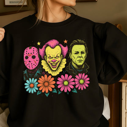 Floral Horror Film Characters Halloween Crewneck Sweatshirt