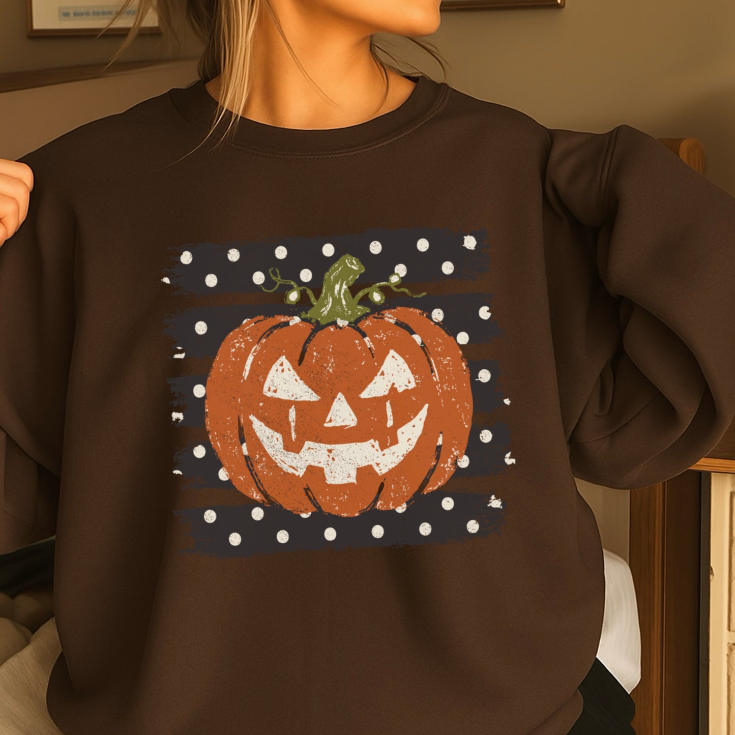 Polka Dot Halloween Pumpkin Crewneck Sweatshirt