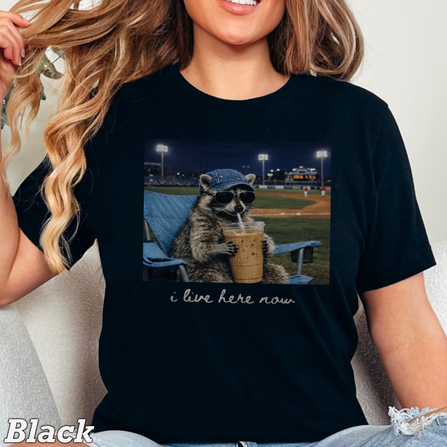 I Live Here Now Raccoon Baseball Comfort Color Graphic Tee