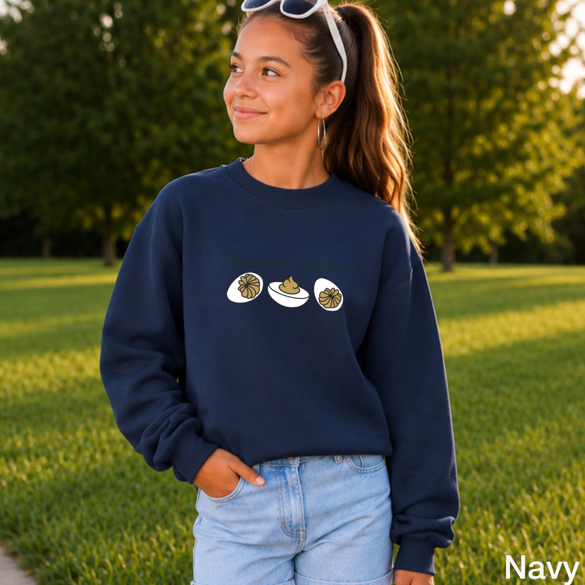 Deviled Eggs You Know Why I'm Here Youth Crewneck Sweatshirt
