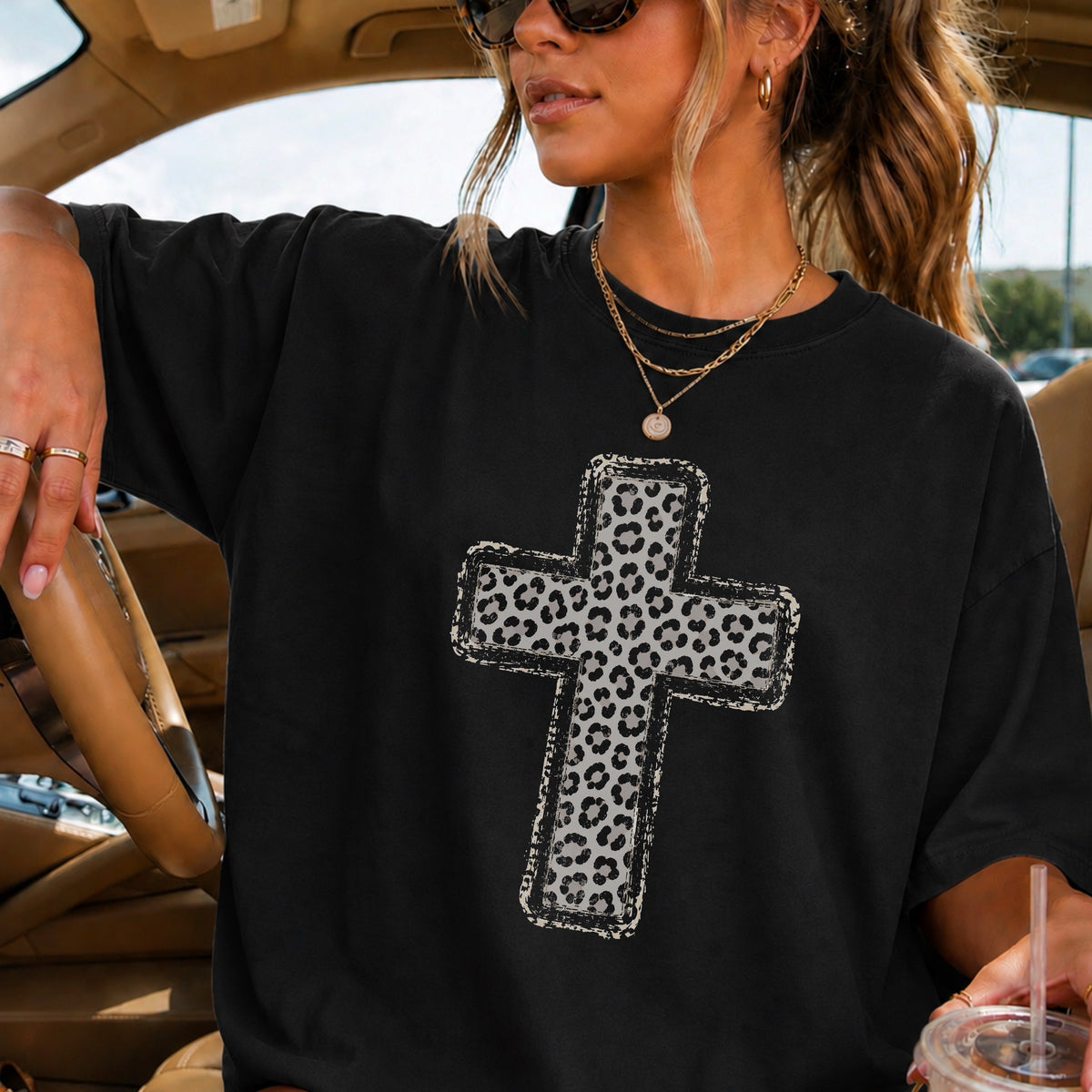 Snow Leopard Cross Christian Comfort Color Graphic Tee
