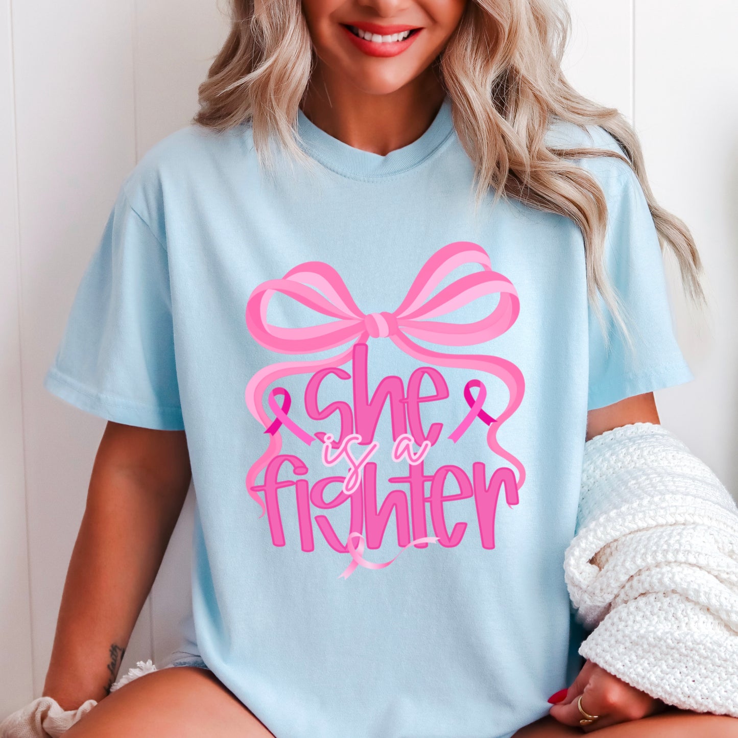 She Is A Fighter Breast Cancer Comfort Color Graphic Tee