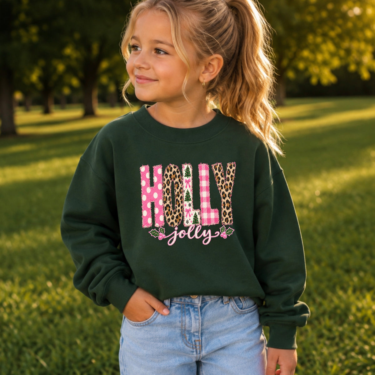 Leopard Holly Jolly Christmas Youth Crewneck Sweatshirt