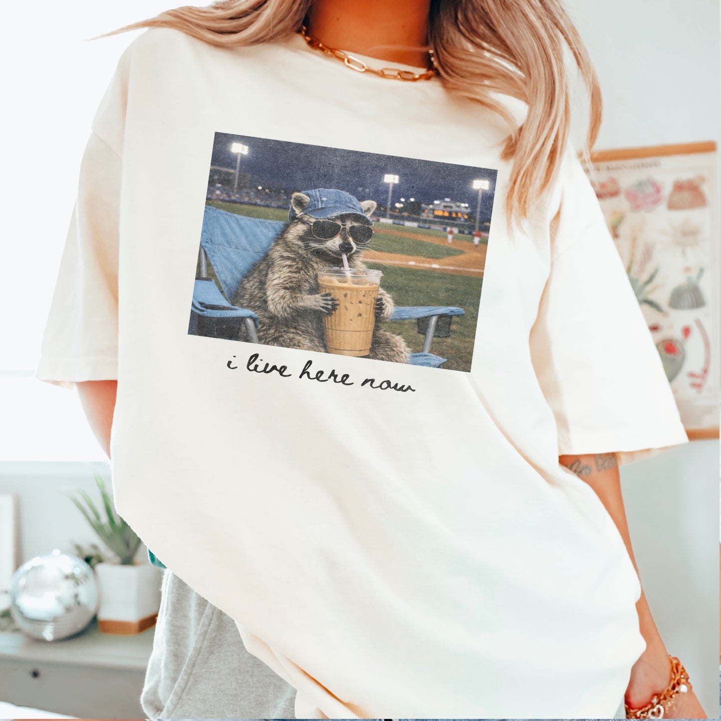 I Live Here Now Raccoon Baseball Comfort Color Graphic Tee