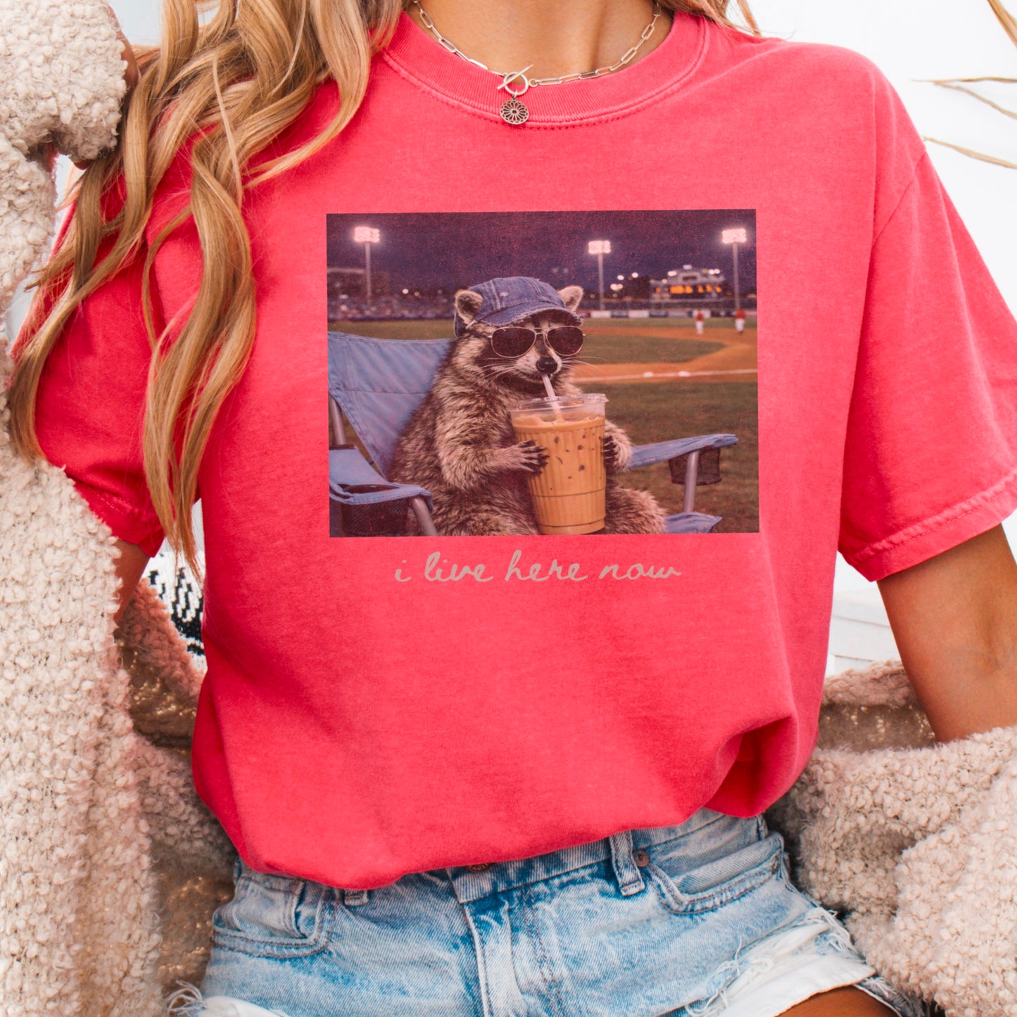 I Live Here Now Raccoon Baseball Comfort Color Graphic Tee