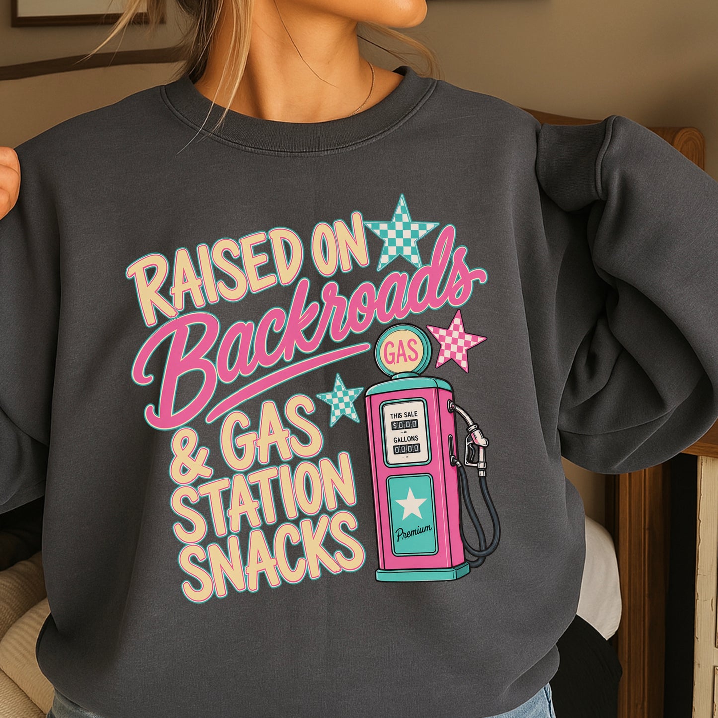 Raised On Backroads & Gas Station Snacks Crewneck Sweatshirt