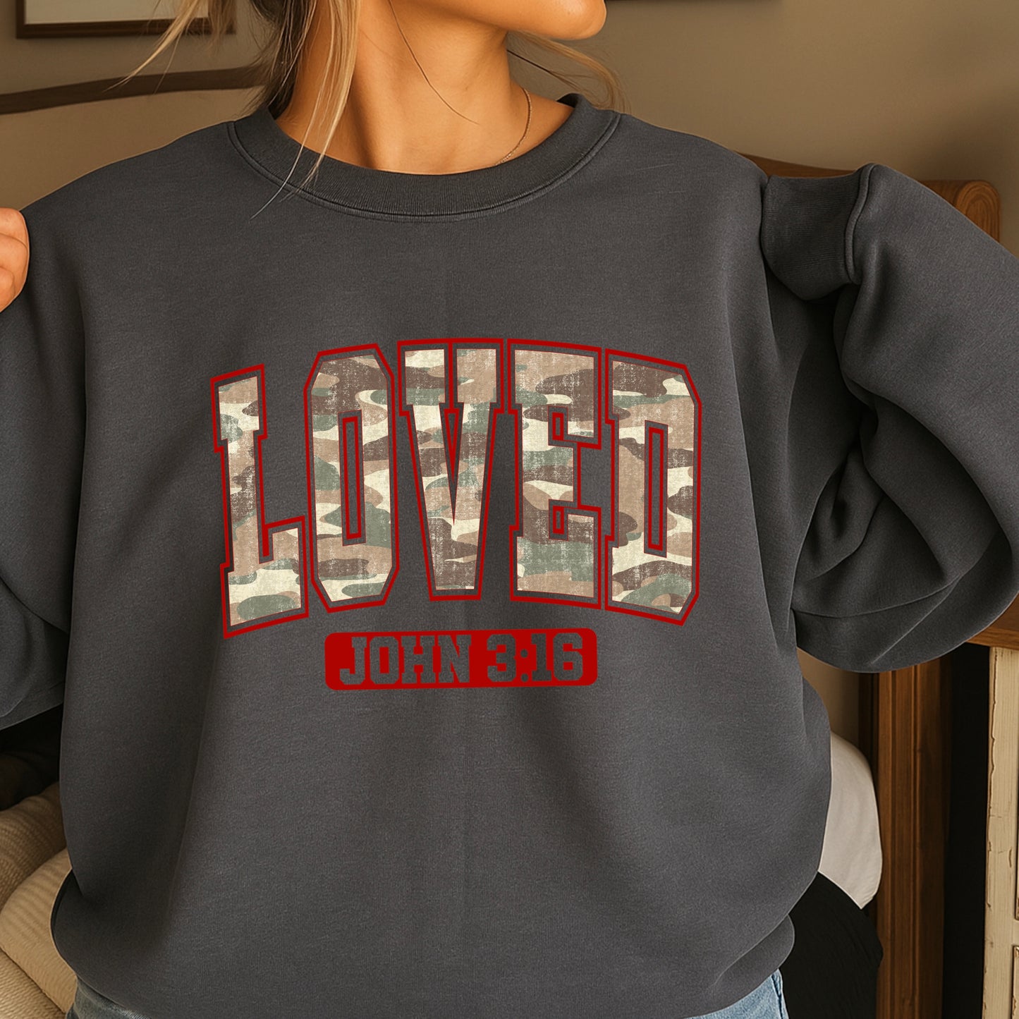 Camo Loved John 3:16 Valentine’s Day Crewneck Sweatshirt