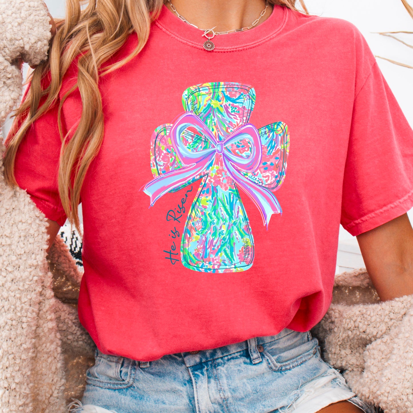 He Is Risen Cross Easter Comfort Color Graphic Tee