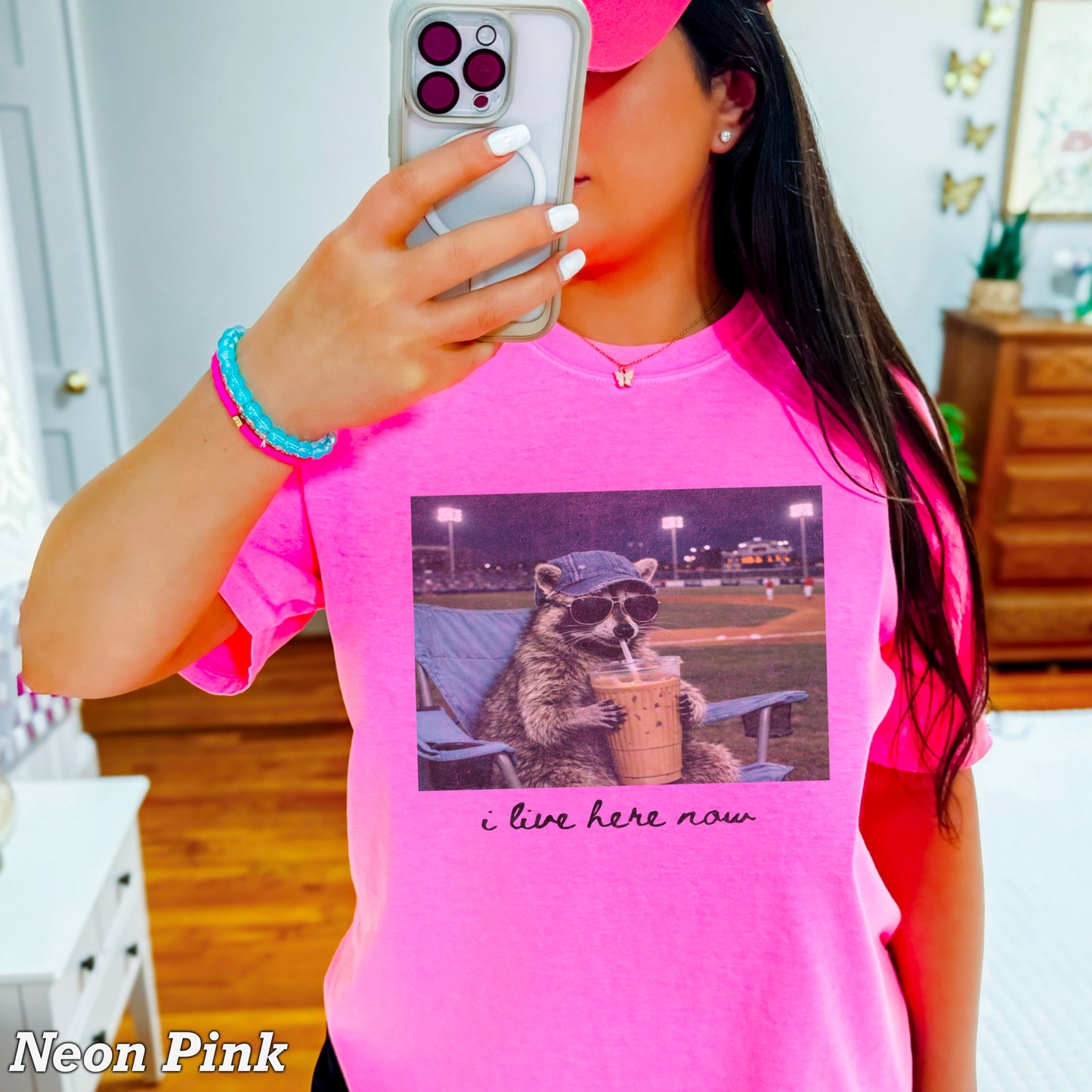 I Live Here Now Raccoon Baseball Comfort Color Graphic Tee