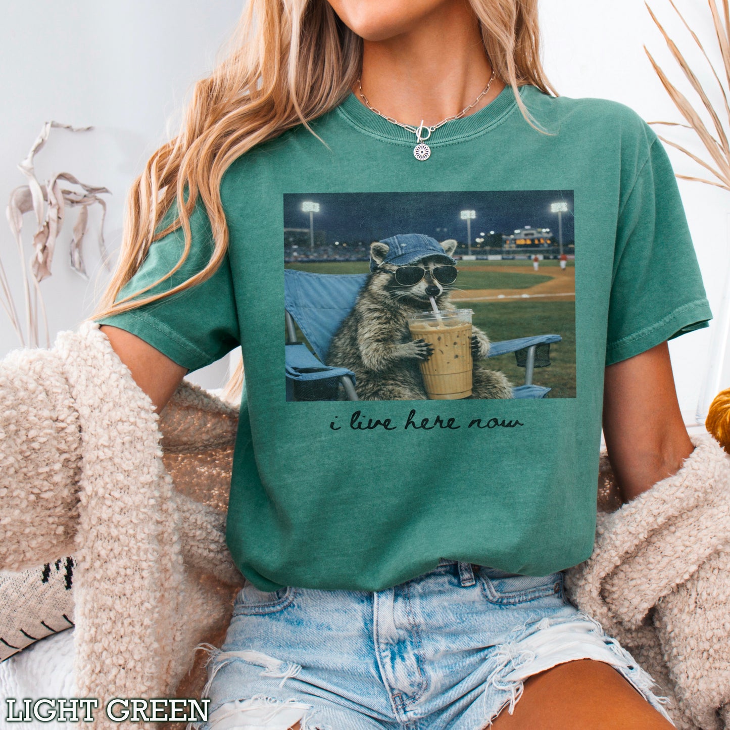 I Live Here Now Raccoon Baseball Comfort Color Graphic Tee