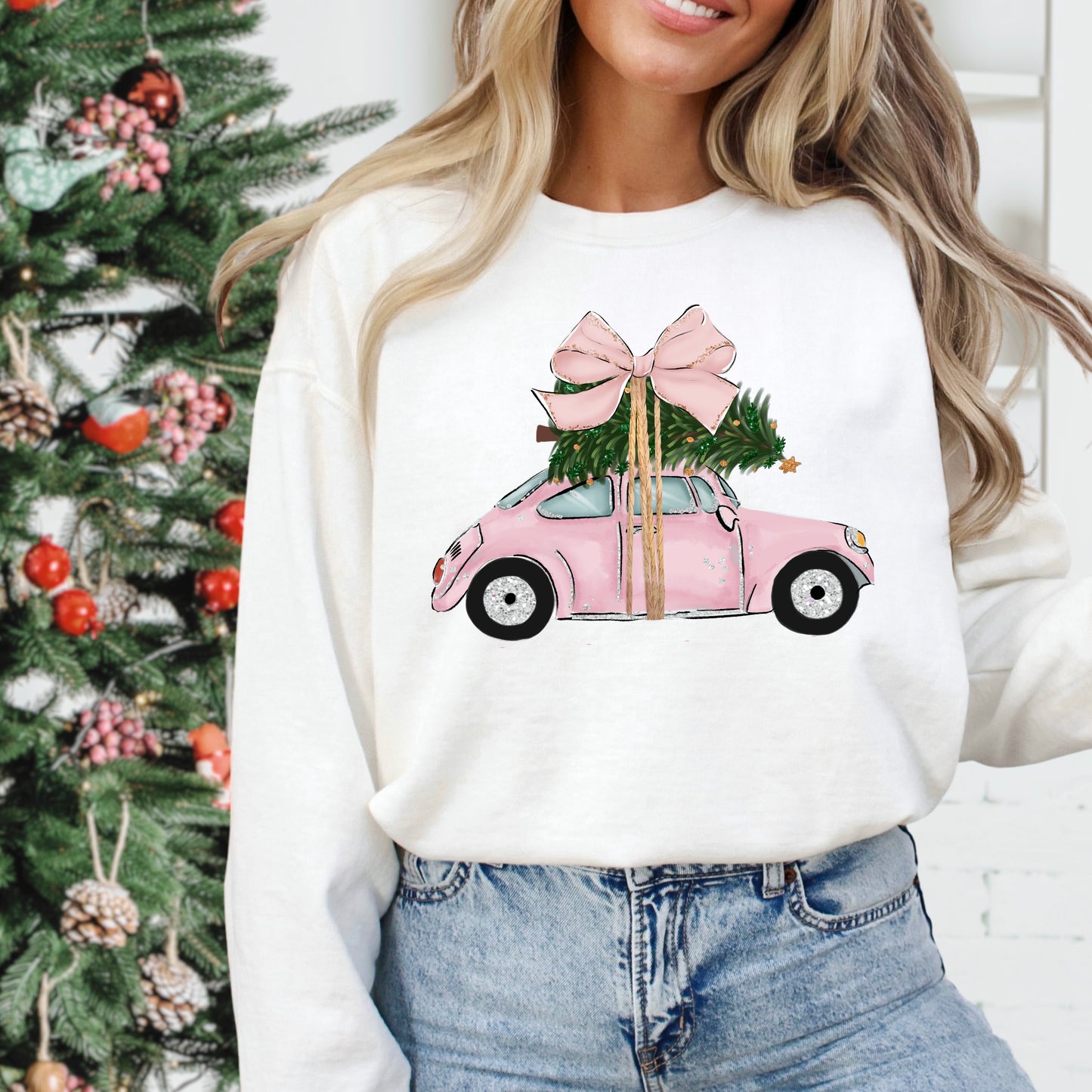Pink Christmas Car Crewneck Sweatshirt