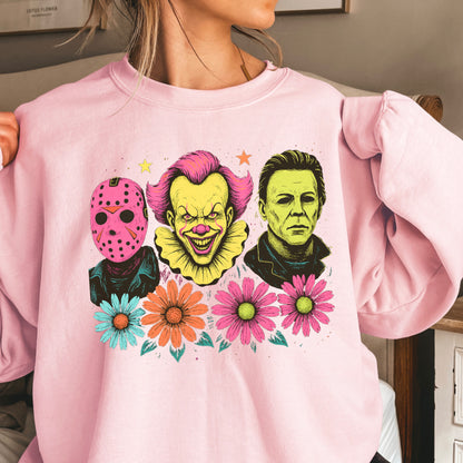 Floral Horror Film Characters Halloween Crewneck Sweatshirt