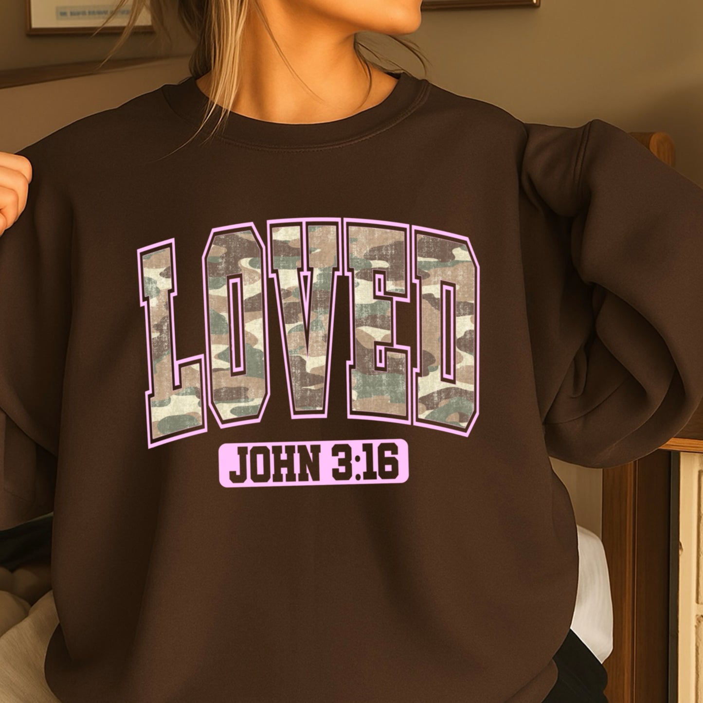 Camo Loved John 3:16 Valentine’s Day Crewneck Sweatshirt