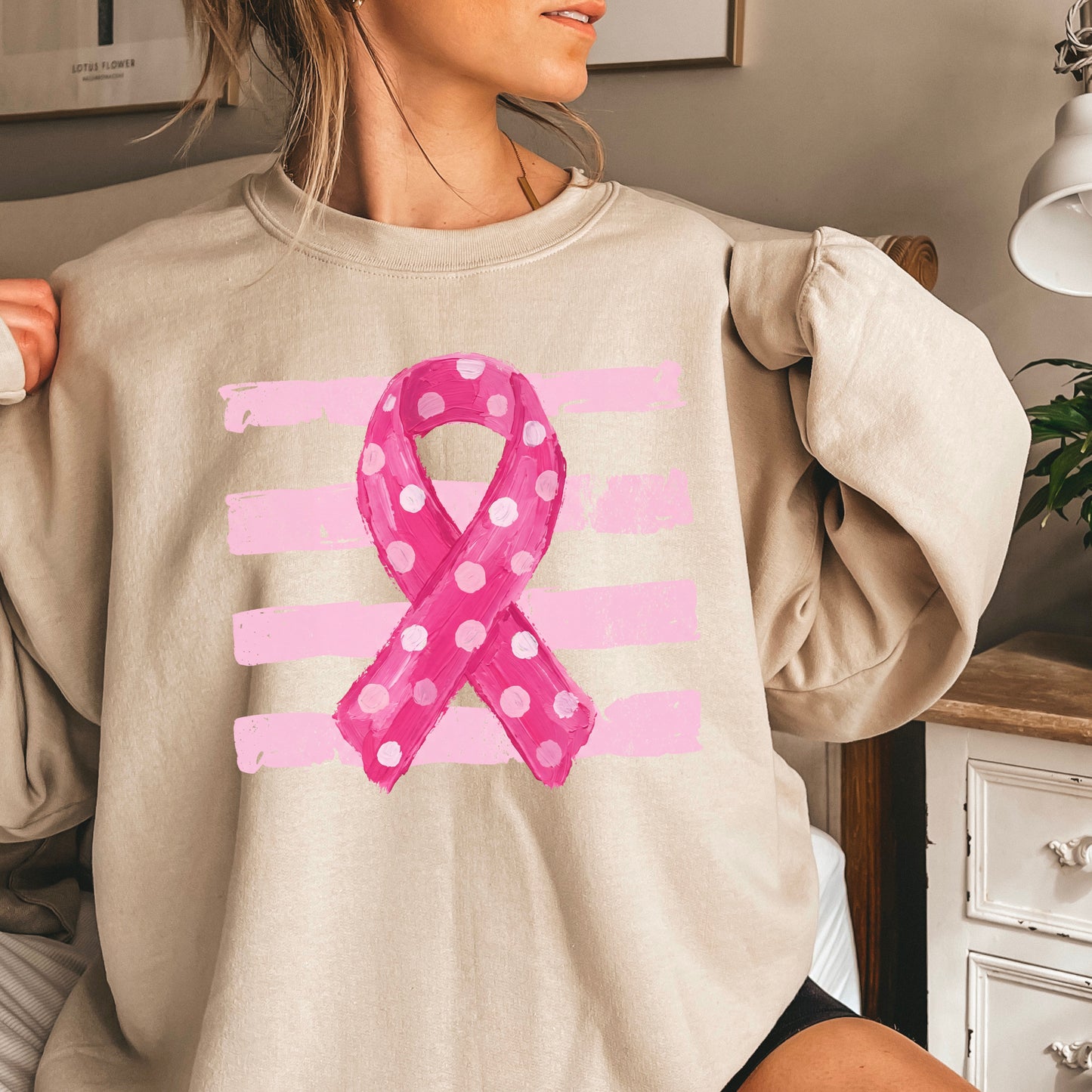 Polka Dot Cancer Awareness Ribbon Crewneck Sweatshirt