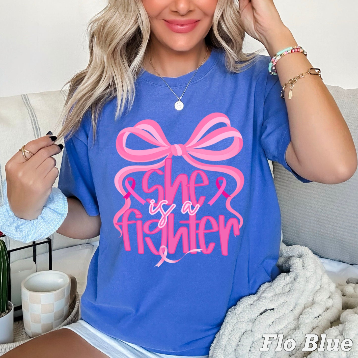 She Is A Fighter Breast Cancer Comfort Color Graphic Tee