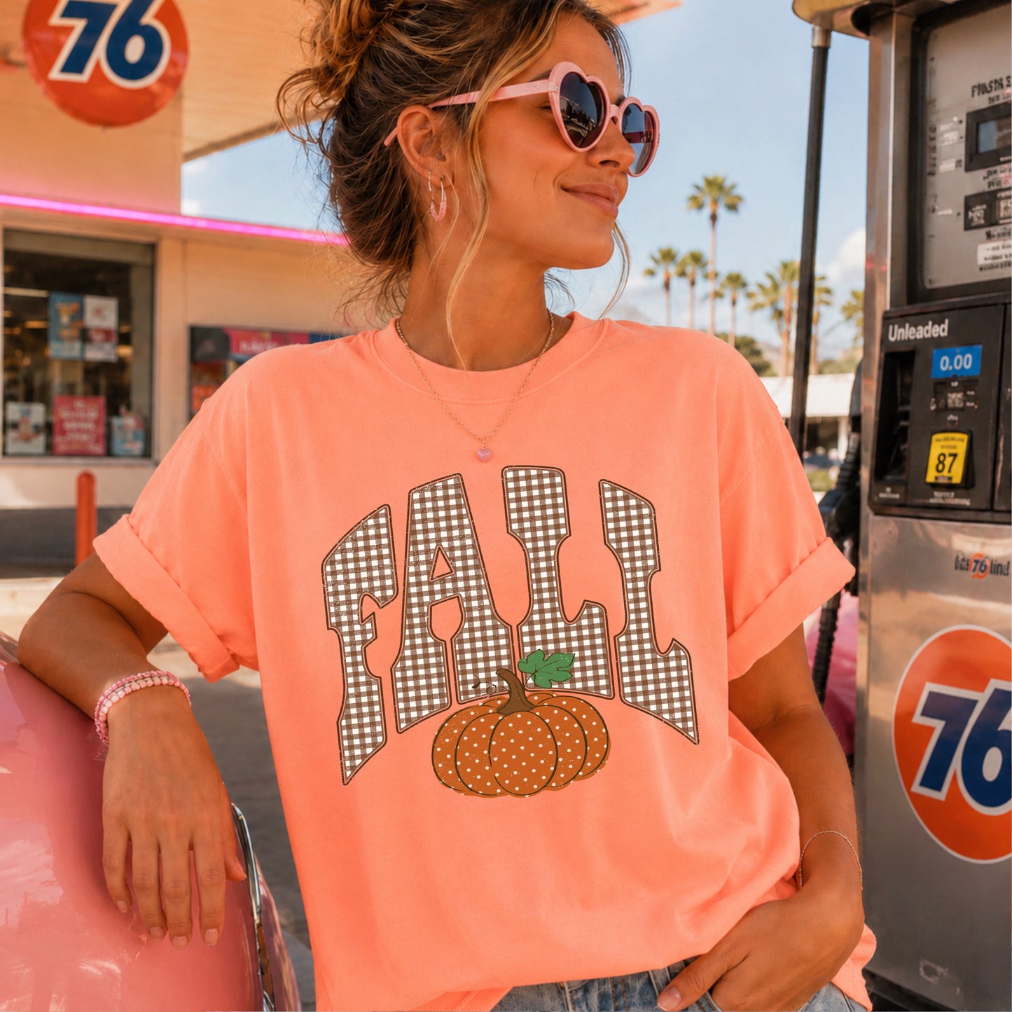 Gingham Fall Pumpkin Comfort Color Graphic Tee