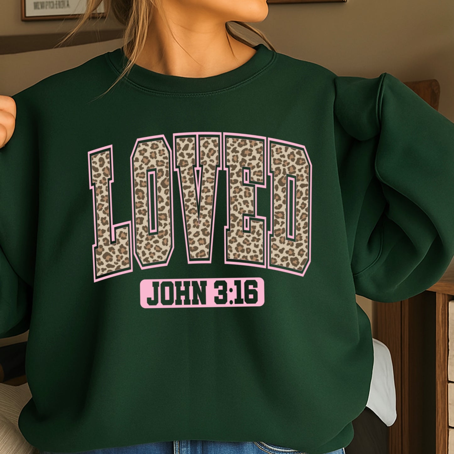 Leopard Loved John 3:16 Valentine’s Day Crewneck Sweatshirt