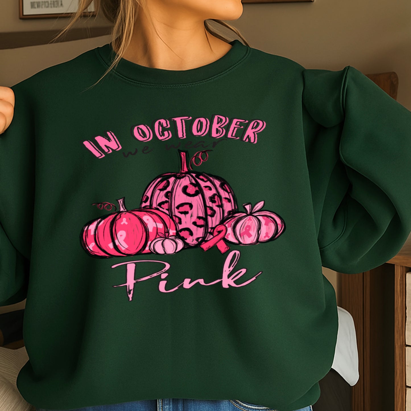 In October We Wear Pink Breast Cancer  Crewneck Sweatshirt