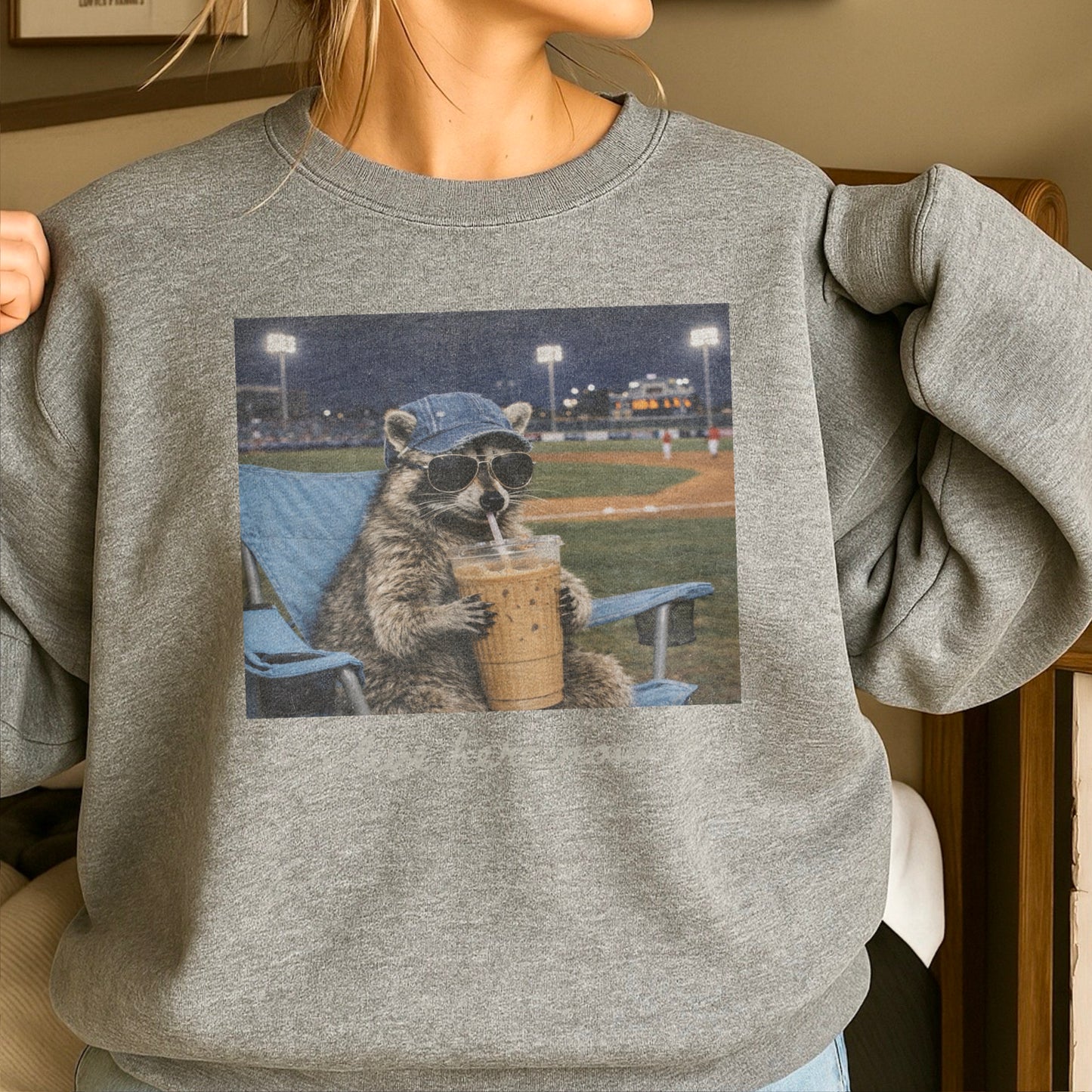 I Live Here Now Raccoon Baseball Crewneck Sweatshirt