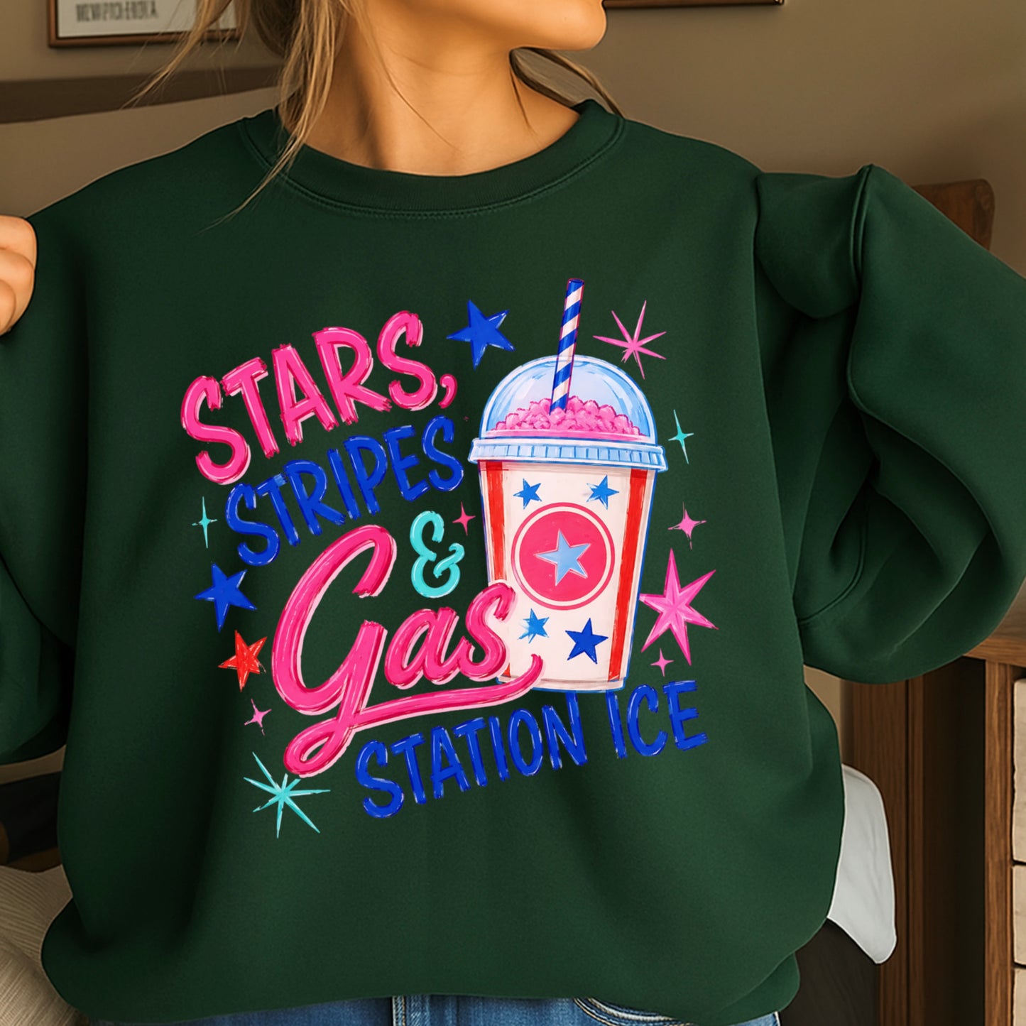 Stars Stripes And Gas Station Ice Crewneck Sweatshirt