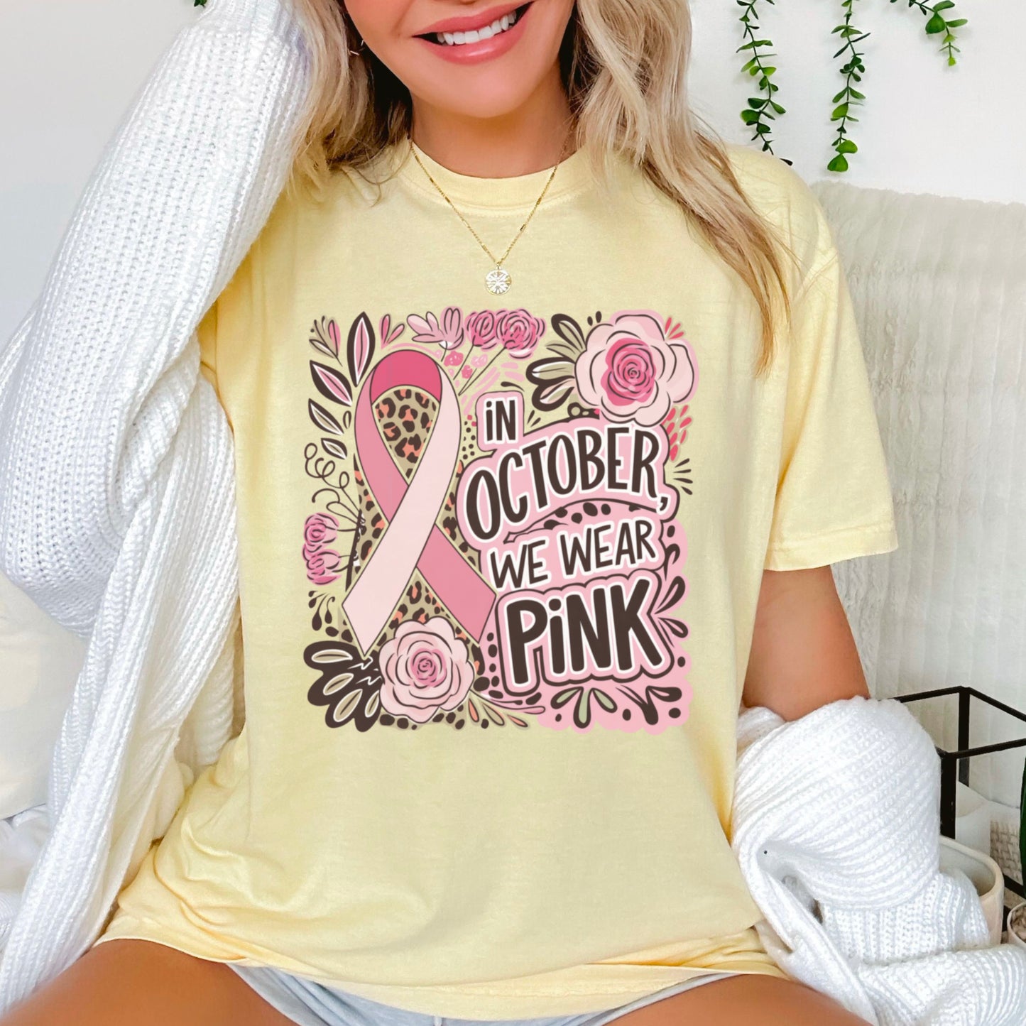 In October We Wear Pink Cancer Comfort Color Graphic Tee