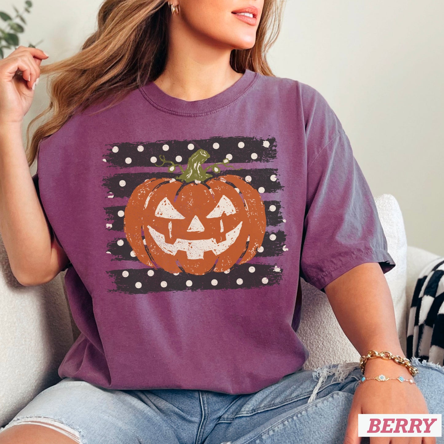 Polka Dot Pumpkin Halloween Comfort Color Graphic Tee
