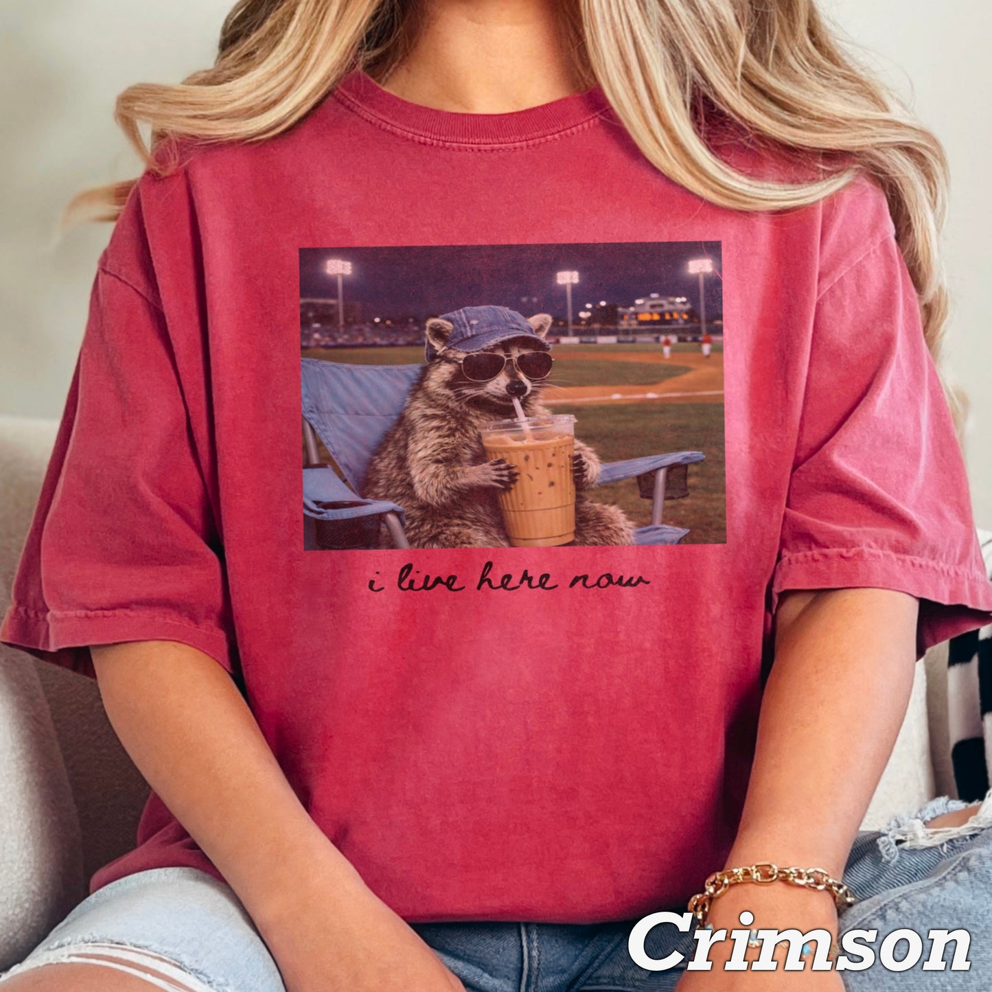 I Live Here Now Raccoon Baseball Comfort Color Graphic Tee