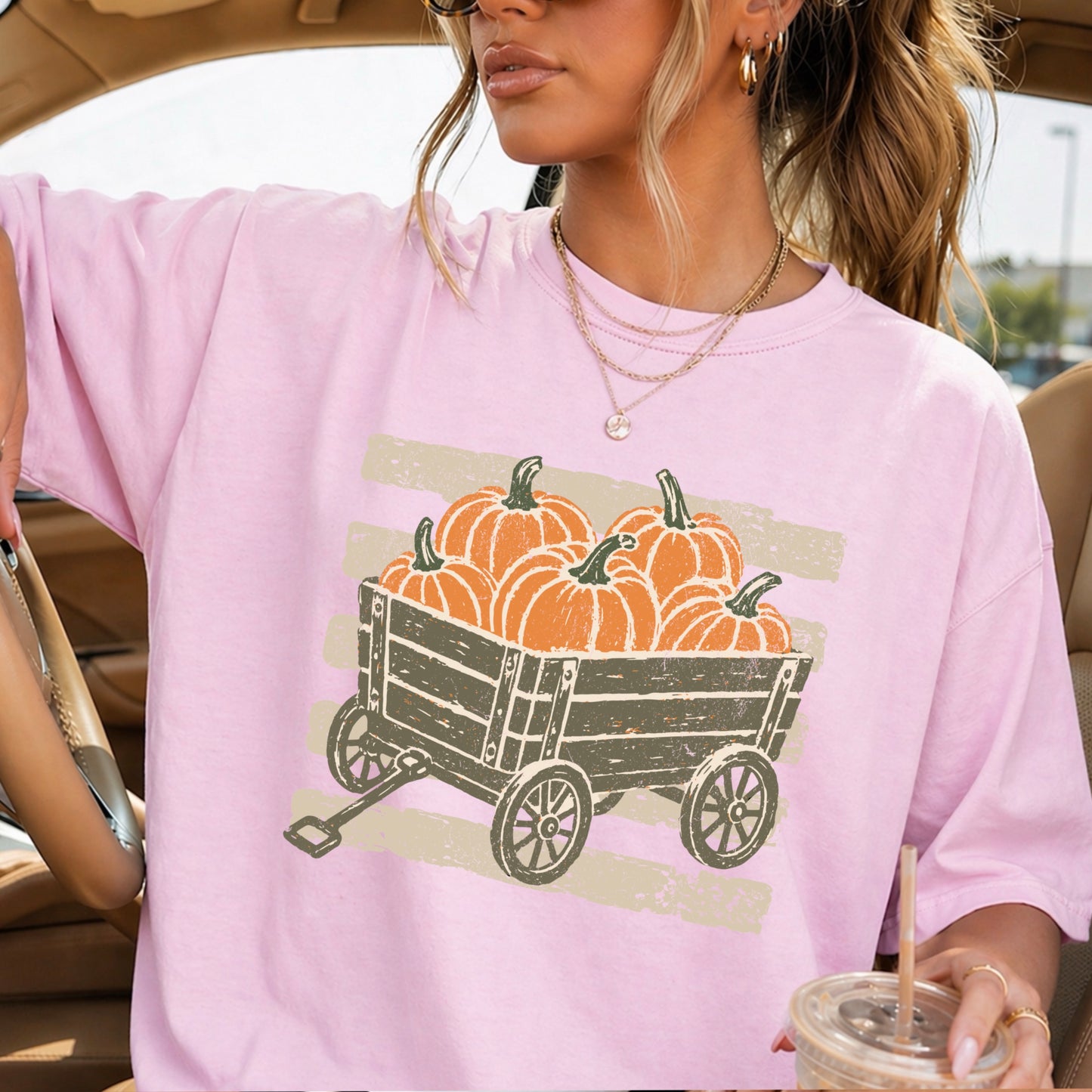 Pumpkin Wagon Fall Comfort Color Graphic Tee