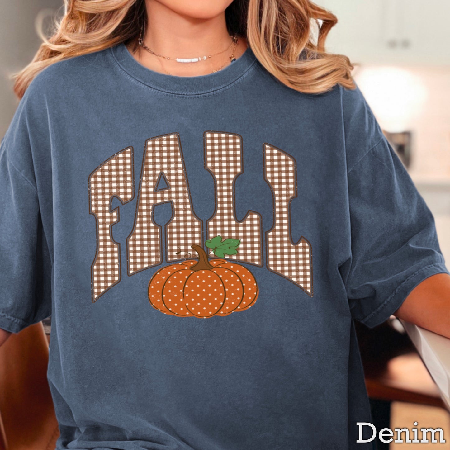 Gingham Fall Pumpkin Comfort Color Graphic Tee