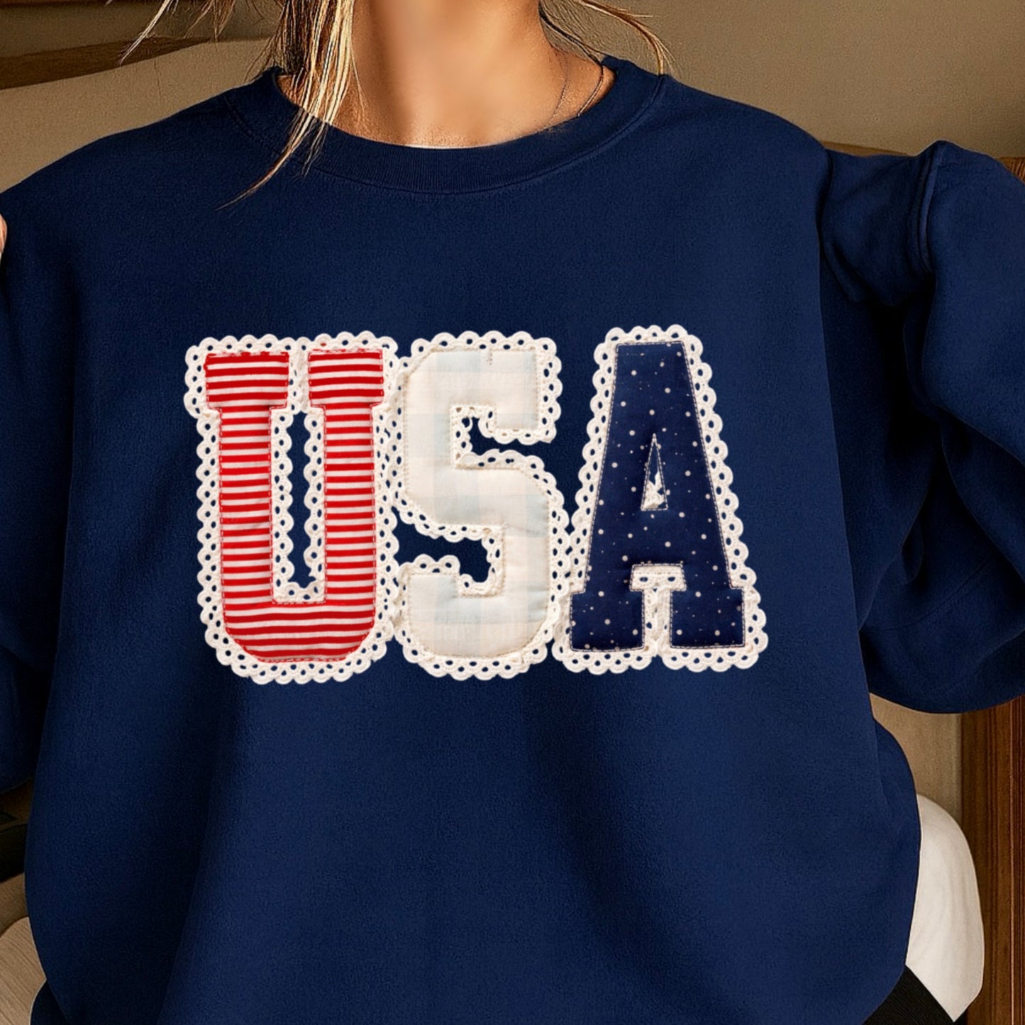 USA Quilted Lace Crewneck Sweatshirt