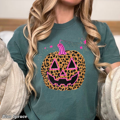 Leopard Pumpkin Halloween Comfort Color Graphic Tee